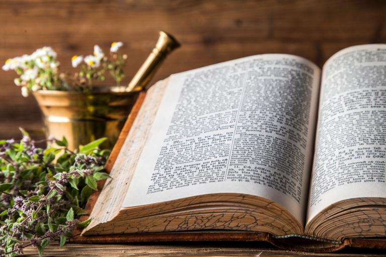 Ancient Herbs for Modern Ailments Ancient natural medicine, herbs and old herbal medicine book.